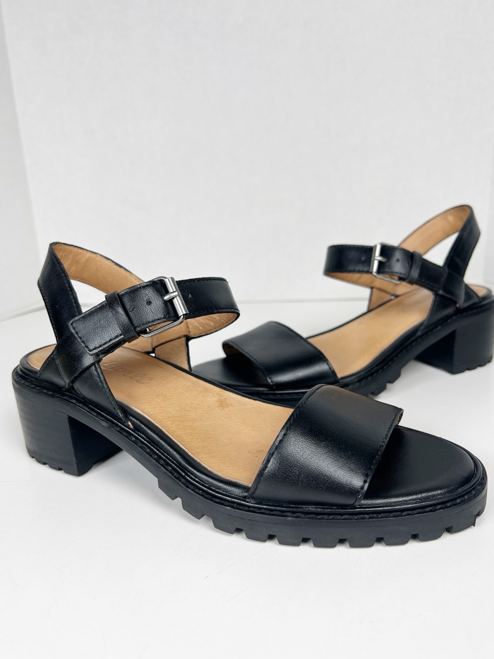 MADEWELL Women’s Size 6.5 True Black Leather Erin Chunky Lugsole Heel Sandal